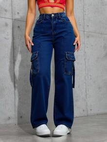 Pantalones vaqueros casuales de pierna recta en tejido plano con bolsillos cargo para mujer - Azul - Ver 3