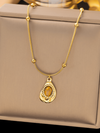 1 pieza Collar con colgante de lágrima de piedra de ojo de tigre vintage de moda, joyería de acero inoxidable chapada en oro de 18K resistente al agua, elegante collar de tono dorado para mujeres, adecuado para uso diario, banquetes, fiestas y otras ocasiones