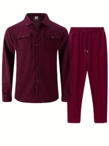 Autumn New Waffle Long Sleeved Pants Two-Piece Set Solid Color Double Pocket Button Up Cardigan Shirt Set - 酒紅色 - 查看 2