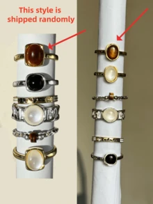 6pcs/Set Vintage Elegant Colorful Gemstone & Rhinestone Inlaid Tiger Eye Stone Women's Ring Set, Holiday Jewelry