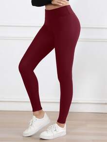 1件装奢华酒红色保暖高腰打底裤 – 柔软舒适，保暖时尚，纯色瑜伽及运动服，完美适合秋冬季节 - 酒紅色 - 查看 6