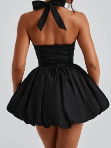 Women Sleeveless Halter Dress Summer Casual Tie Up Backless Corset Bubble Party Dress For Beach Club Streetwear - 黑色 - 查看 7
