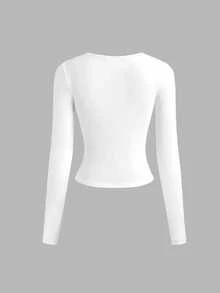 女士白色长袖上衣，娇小版型，特殊薄款磨毛面料，时尚秋季款 - 白色 - 查看 3
