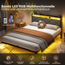 Letto sospeso 140x190 cm con struttura letto, letto volante con illuminazione a LED e porte USB, letto matrimoniale con contenitore, struttura letto in metallo, grigio