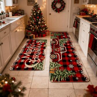 Alfombra de cocina navideña, alfombra de cocina navideña con camión de granja rojo y cuadros escoceses, decoración navideña de cocina - baño, hogar, decoración navideña interior, decoración estacional del hogar, alfombra festiva, estilo de granja, cuadros escoceses, tela de poliéster, lavable a máquina, alfombra decorativa, decorador del hogar, amante de la granja