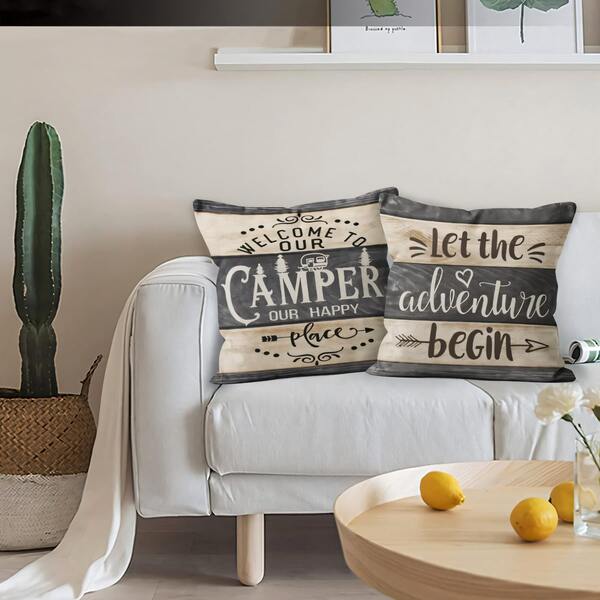 2 pezzi Federe per cuscini a tema campeggio, 45x45cm - Design rustico in legno con stelle, luna, alberi e icone da campeggio, con cerniera, in poliestere lavabile in lavatrice, ottimo per decorazione di roulotte, camper, tenda | Stile country | Federe con cerniera, cuscini da campeggio