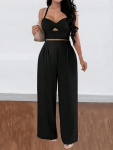 1pc Solid Color Polyester Women Pants, Suitable For Date Night, Vacation, Office, Home, Daily Wear, All Seasons - Black - View 2