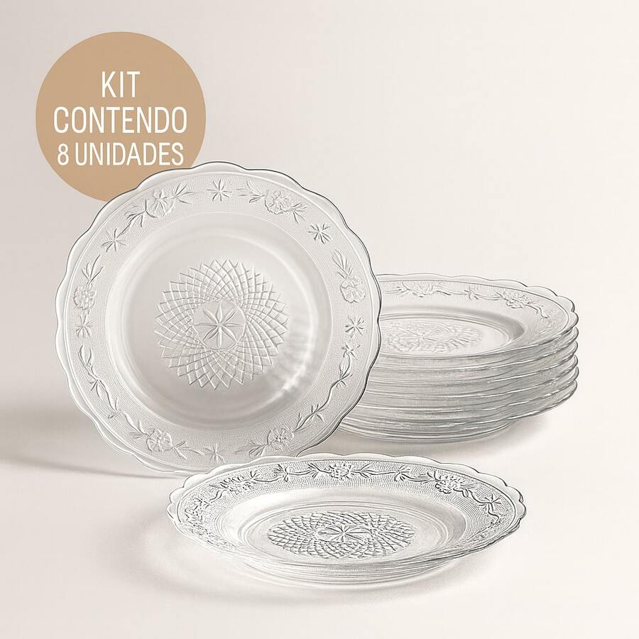 Set Of 8 Deep Plates Transparent Glass 22cm Elegant Resistant Classic Design Embossed Table Setting Dinner Dessert - transparente - Ver 1