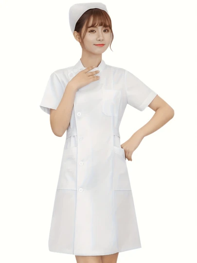 スタンドカラーの白い半袖看護師の制服ツーピースセット、白い看護師の制服、ジャケットと帽子を含む、医学生の専門の服、医者、看護師の専門の服、ハロウィン、仕事のドレスアップ、ロールプレイング、舞台公演、テーマパーティー、学校の祭り、ハロウィンのストリートウェアに適しています
