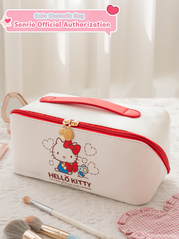 Sanrio Hello Kitty Cosmetics Bag, Official Licensed Makeup Bag With Zipper Closure & Gold Charms, Cute Kawaii Design For Daily Use Travel, Durable PU Leather Material, Spacious Interior For Skincare Cosmetics, Gift For Girls Teens Sanrio Collectors