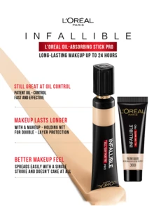 LOREAL Infallible All Day Matte Pro Liquid Foundation #300 10/35ml, Specially Designed Dual Sebum Control & 19% Mattifying Components, Oil-Free Full Coverage Foundation, Waterproof & Long Lasting, Lightweight Texture, 24-Hour Matte Effect For Oily Skin, Ideal For Daily Makeup & Various Events, Create Perfectly Flawless & Radiant Skin - Oil-absorbing Stick PRO Permanent Color Lasting Liquid Foundation #300 - View 6