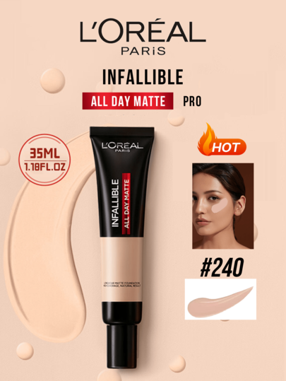 LOREAL Infallible All Day Matte Pro Liquid Foundation #240 10/35ml, Dual Sebum Control & 19% Mattifying Ingredients, Oil-Free Full Coverage, Waterproof & Smudge-Proof, Lightweight Formula, 24-Hour Longwear Matte Finish For Oily Skin, Perfect For Daily Use & Special Occasions, Achieve Flawless Makeup Results