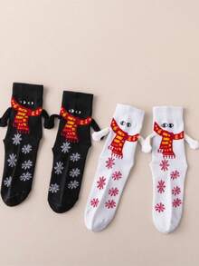 2入組黑白刺繡圍巾,可以手牽手的磁性聖誕情侶/朋友中筒襪