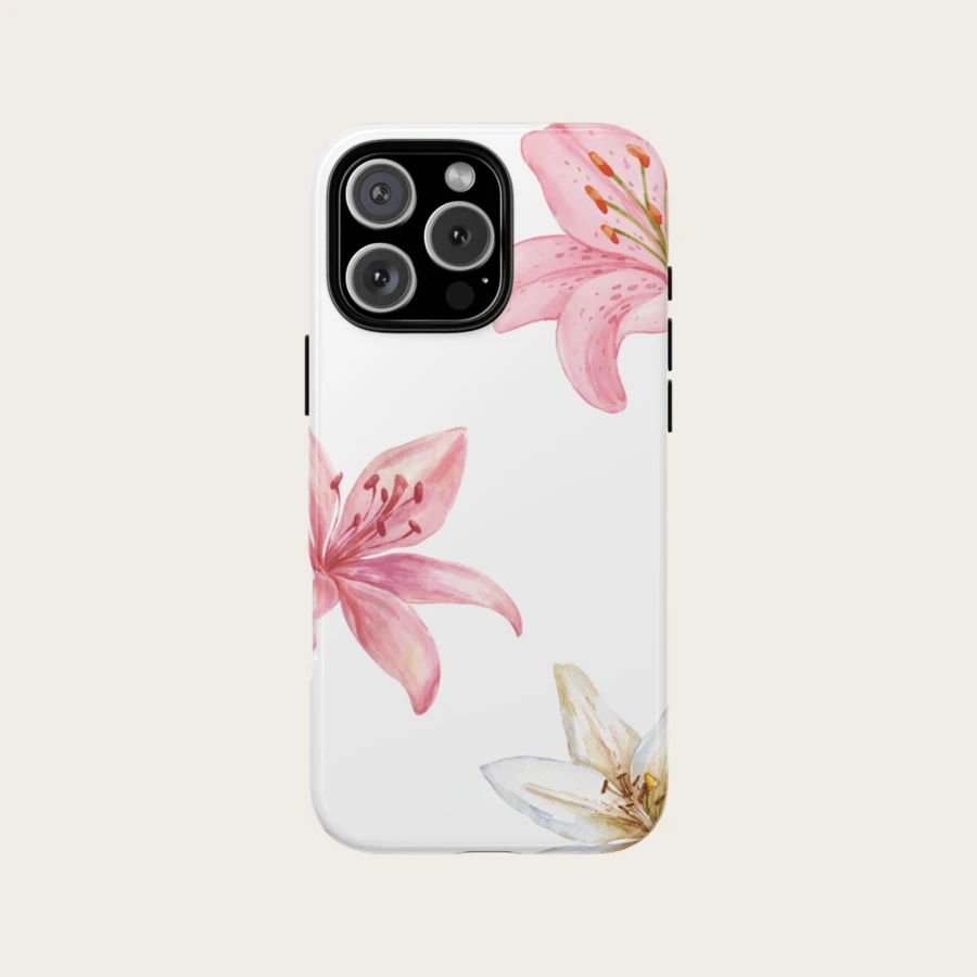 Pink Floral Phone Case, Orchid & Lily Flower Pattern, Minimalist Design, Compatible With IPhone 16/15/14/13/12/11 Pro Max - White - View 1