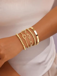 5pcs 18K Gold Plated Stainless Steel Women's Bracelets Set, Includes Curb Chain, Braided, Paper Clip, Twist Flower, Beaded Chain Bracelets, Layered Gold Tone Bangles, Bohemian Style, Elegant Jewelry - Stackable Bracelets - View 4