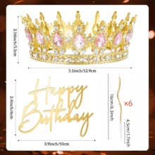 Women's Golden Crown Headband Set, Crystal Queen Headwear, Wedding Bride Headwear, Birthday Party, Ball, Cake Decoration, Halloween, Christmas (With Crown Headwear + Birthday Candles And Cake Decoration Cards) - Multicolor - View 3