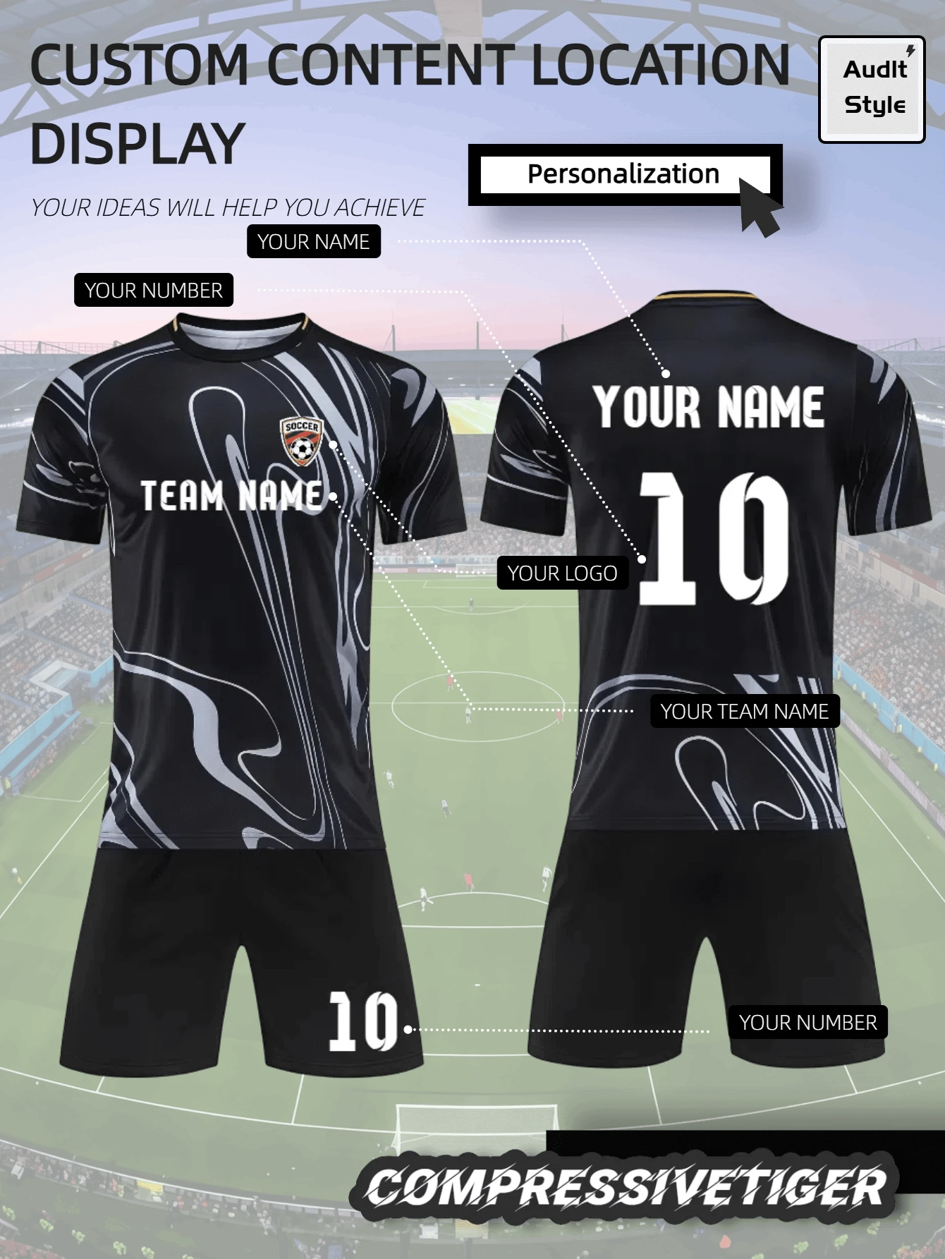2pcs Design Your Own Soccer Kit: Customizable Black Jersey With Name, Number & Team Logo/. The Stylish Patterns And Durable Material Make It A Top Choice For Teams Aiming For A Distinctive Identity. Halloween, Thanksgiving, Christmas And New Year Gifts - Black - View 1