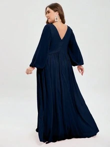 UNITHORSE 大码女式深V领灯笼袖褶皱雪纺伴娘礼服 - 藏蓝色 - 查看 2