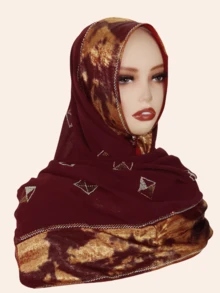 1pc Women's Fashionable Hijab Headscarf With Rhinestone Patchwork And Metallic Foil Fabric, Middle Eastern Style