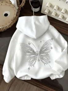 Sudadera con capucha y bolsillo, estampado Mariposas Hoodie mujer - Blanco - Ver 1