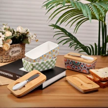 1 Piece Of Butter Dish, With Bamboo Lid, Multi-Functional Butter Dish, Ceramic French-Style Butter Plate, Suitable For Spreading Soft Butter, Equipped With A Waterproof Sealed Butter Container Stand, Very Suitable For Kitchen Baking And As A Gift. Sealed Butter Container Lid, Suitable For Kitchen Countertop Or Refrigerator Use, Household Kitchen Utensil.