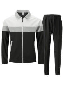 2025 Men's Autumn Waffle Color Blocked Zipper Pocket Lapel Slim Fit Cardigan Men's Jacket Set - Grey - View 3