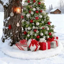 1pc Holiday Artificial Fur Christmas Tree Skirt - Snowflake White Plush Carpet Mat, Suitable For Holiday Home Decor, Polyester, Christmas Tree Stand Cover, New Year Decoration