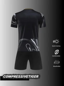 2pcs Design Your Own Soccer Kit: Customizable Black Jersey With Name, Number & Team Logo/. The Stylish Patterns And Durable Material Make It A Top Choice For Teams Aiming For A Distinctive Identity. Halloween, Thanksgiving, Christmas And New Year Gifts - Black - View 3