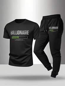 Men's Short-Sleeved T-Shirt Casual Trousers Cotton Suit, Summer 2-Piece Suit Printed Mountain Triangle Icon Print Round Neck T-Shirt + Drawstring Pants Outdoor Casual Sports Pants 2-Piece Suit - 黑色 - 查看 1
