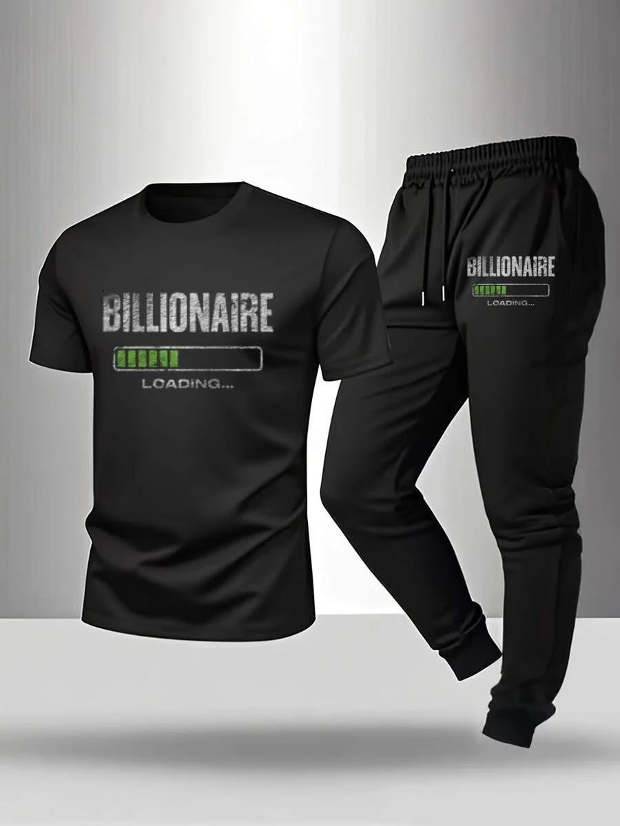 Men's Short-Sleeved T-Shirt Casual Trousers Cotton Suit, Summer 2-Piece Suit Printed Mountain Triangle Icon Print Round Neck T-Shirt + Drawstring Pants Outdoor Casual Sports Pants 2-Piece Suit - 黑色 - 查看 1