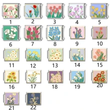 1PC Stainless Steel Italian Module Bracelet Components, Featuring Various Floral Patterns, DIY Making Jewelry For Bracelet Necklaces, Can Be Freely Matched With Different Styles