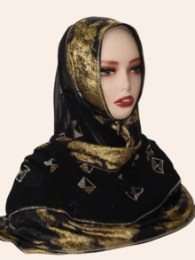 1pc Women's Fashionable Hijab Headscarf With Rhinestone Patchwork And Metallic Foil Fabric, Middle Eastern Style