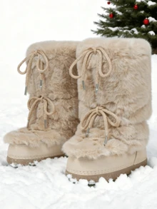 Women's Faux Fur Boots  Fuzzy Fluffy Furry Snow Boots Round Toe With Lace-Up Design Cute Warm Suitable For Christmas Halloween And Winter - 杏色 - 查看 2