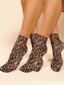 2 Pairs Leopard Print Short Socks, Women's Thin Breathable Ankle Socks For Summer
