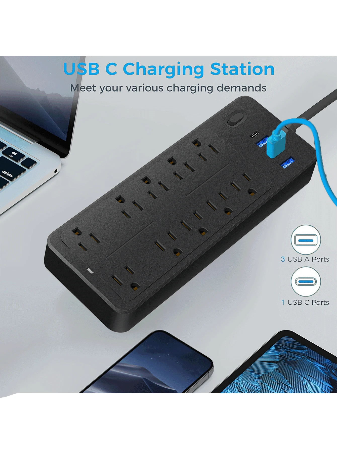 Surge Protector Power Strip With Multiple Outlets, Overload Protection, 10 Outlets With 1 USB C And 3 USB Ports, 3.94 Ft Power Cord - US B Type Plug(110-127V) - View 1