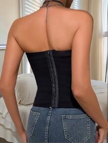 1pc Women's Sexy Fishbone Corset Top, Solid Color Waist Trainer. Black Strapless Off-Shoulder Corset Tank Crop Tops, Sexy Underbust Top, Overbust Corselet, Backless. Sexy Going Out Party, Halloween Club Top, Underwear For Christmas. - 黑色 - 查看 2