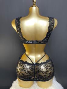 SOFUSEN Modern Elegance New Sexy Mini Skirt With Mesh Socks Bra Underwear Hip Hugging Skirt Women's See Through Strap Underwear Set For Beautiful Night - màu đen - Xem 2