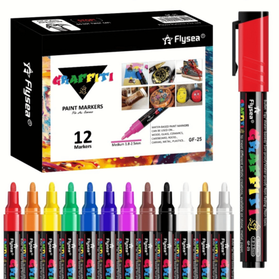 12 Peças Conjunto de Canetas Marcadoras de Desenho Cartoon FLYSEA, 12 Cores (1,8-2,5mm), Cores Mistas, À Base de Água, Leve, Plástico, Adequado para Pintura em Rocha, Decoração de Natal, Madeira, Plástico, Tela, Copo de Vidro
