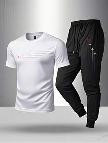 Men's Short-Sleeved T-Shirt Casual Trousers Cotton Suit, Summer 2-Piece Suit Printed Mountain Triangle Icon Print Round Neck T-Shirt + Drawstring Pants Outdoor Casual Sports Pants 2-Piece Suit - 白色 - 查看 1