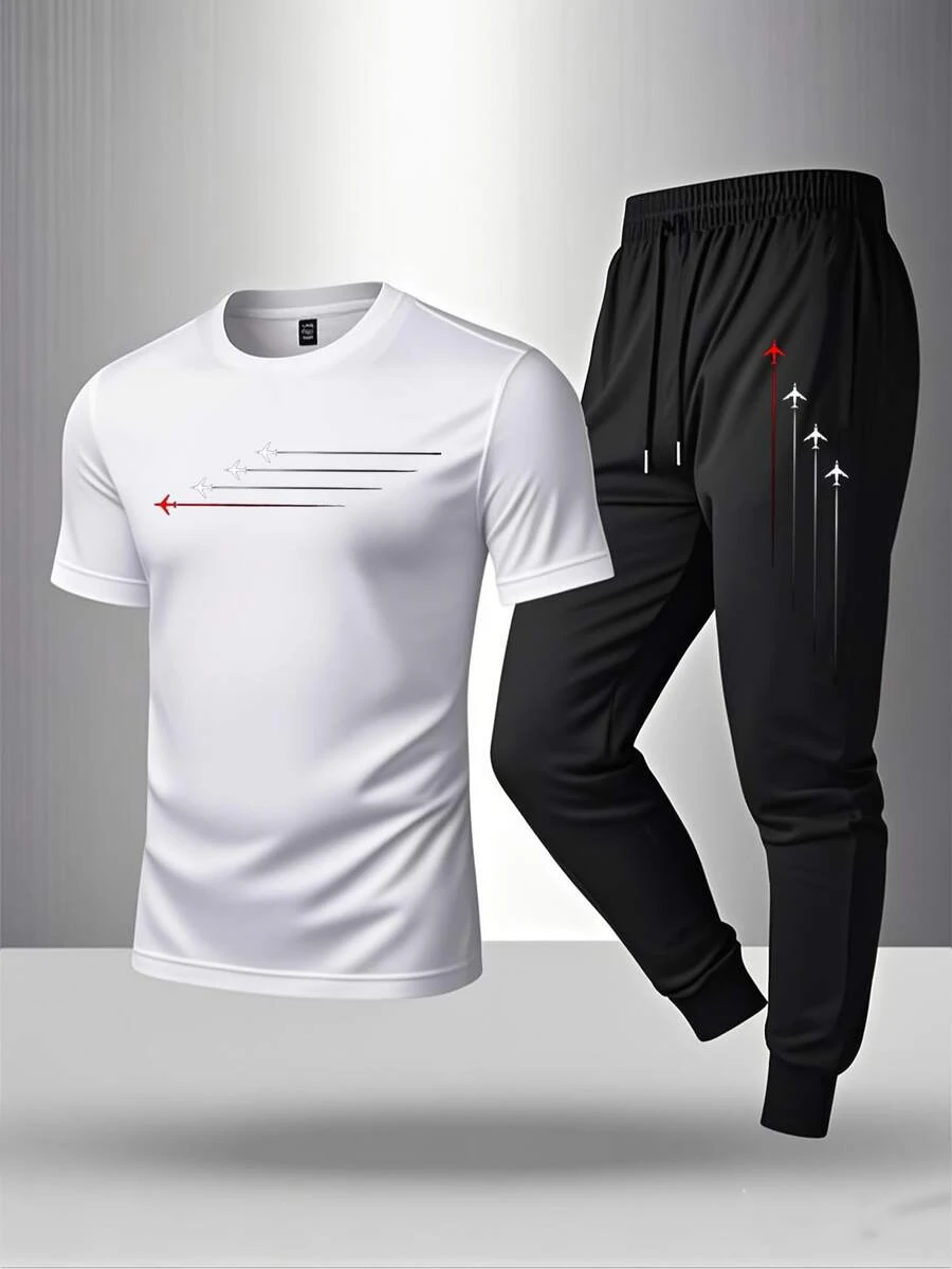 Men's Short-Sleeved T-Shirt Casual Trousers Cotton Suit, Summer 2-Piece Suit Printed Mountain Triangle Icon Print Round Neck T-Shirt + Drawstring Pants Outdoor Casual Sports Pants 2-Piece Suit - 白色 - 查看 1