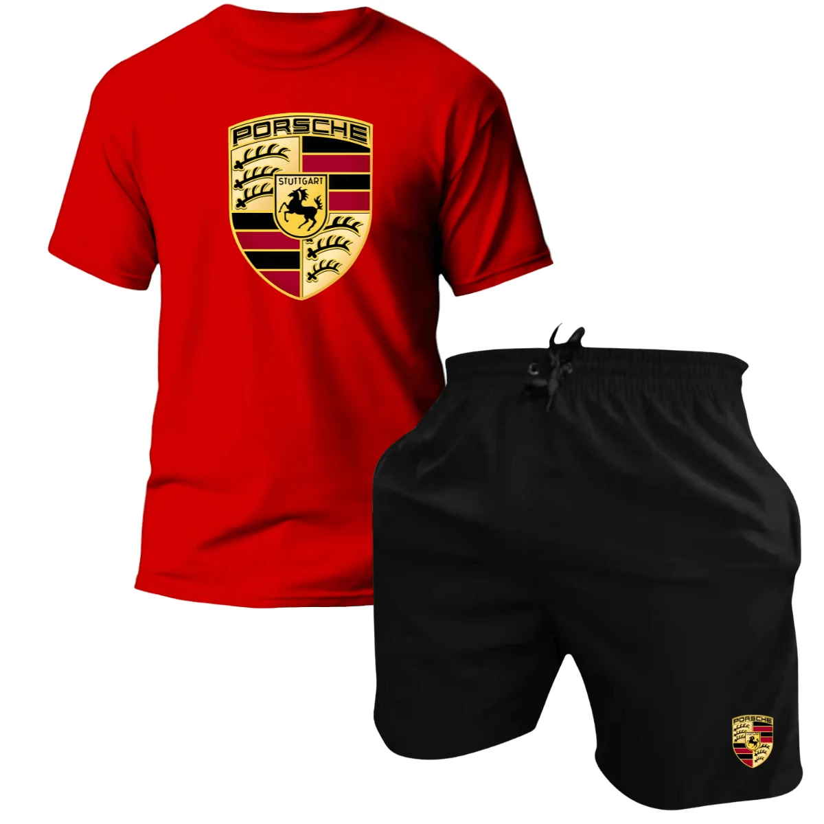 Kit Camiseta e Short Masculino Tactel Estampado Lançamento - VERM -PRETO  / PORSCH - Visão 1