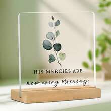 1 pieza Placa acrílica cristiana "Sus misericordias se renuevan cada mañana" con soporte de madera, letrero acrílico inspirador con versículo bíblico y eucalipto para decorar el escritorio, el hogar, el dormitorio, la sala de estar y la estantería