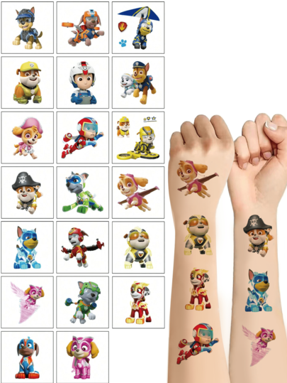 Adesivo de tatuagem temporária DIY Patrulha Canina Arte Corporal Adesivo à prova d'água Presente Kawaii Chase Rubble Zuma Skye Rubble Tracker Rex Personagem de anime Adequado para braço, manga ou manga traseira Tatuagem Arte Tatuagem Detalhada Acessórios de Carnaval Presente de Festa de Natal