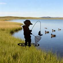 Adorno de jardín de pescador de metal moderno para niño - Encantadora decoración artística para exteriores para terraza, patio o cabaña - Diseño resistente a la intemperie con detalles de silueta intrincados, adorno de exterior | Silueta de metal moderna | Silueta artística