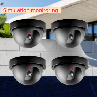 1 pieza Cámara de falsa negra, cámara simulada tipo domo, para interior/exterior bajo aleros, con luz LED roja intermitente, apta para hogar, negocio, fábrica, pasillo, mercado, hotel - Efecto disuasorio
