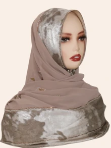 1pc Women's Fashionable Hijab Headscarf With Rhinestone Patchwork And Metallic Foil Fabric, Middle Eastern Style