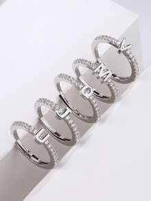 1枚A-Z字母钻石半圆开口戒指，女士个性化银戒指，精致珠宝，生日礼物 - 鑲鑽字母開口戒指 - 查看 8