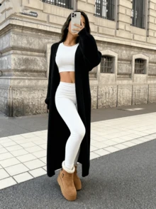 黑色长款针织开衫，休闲日常约会街头风女装外套 - 黑色 - 查看 2