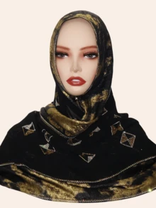 1pc Women's Fashionable Hijab Headscarf With Rhinestone Patchwork And Metallic Foil Fabric, Middle Eastern Style
