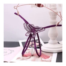 Sekexi Fashion Women Sexy Underwear Cutout Pendant Pearl Beads Embellished Lace Butterfly G-String Thong Underpants - ColorH - 查看 2